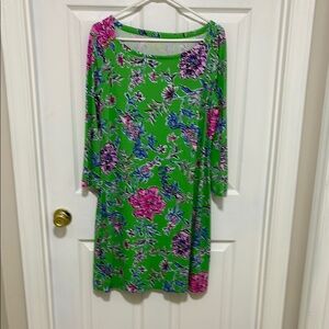 Lilly Pulitzer Green Pink Sheath Dress 3/4 Sleeve Bateau Neck